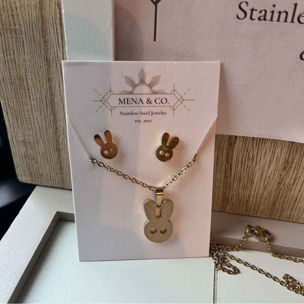 Stainless Steel Gold 3 pc Bunny necklace and earrings set.